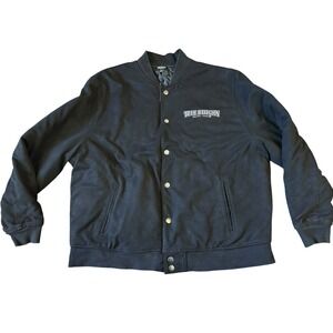 True Religion‎ Jacket Mens 2XL Jet Black Arch Suede Bomber Button Designer Retro